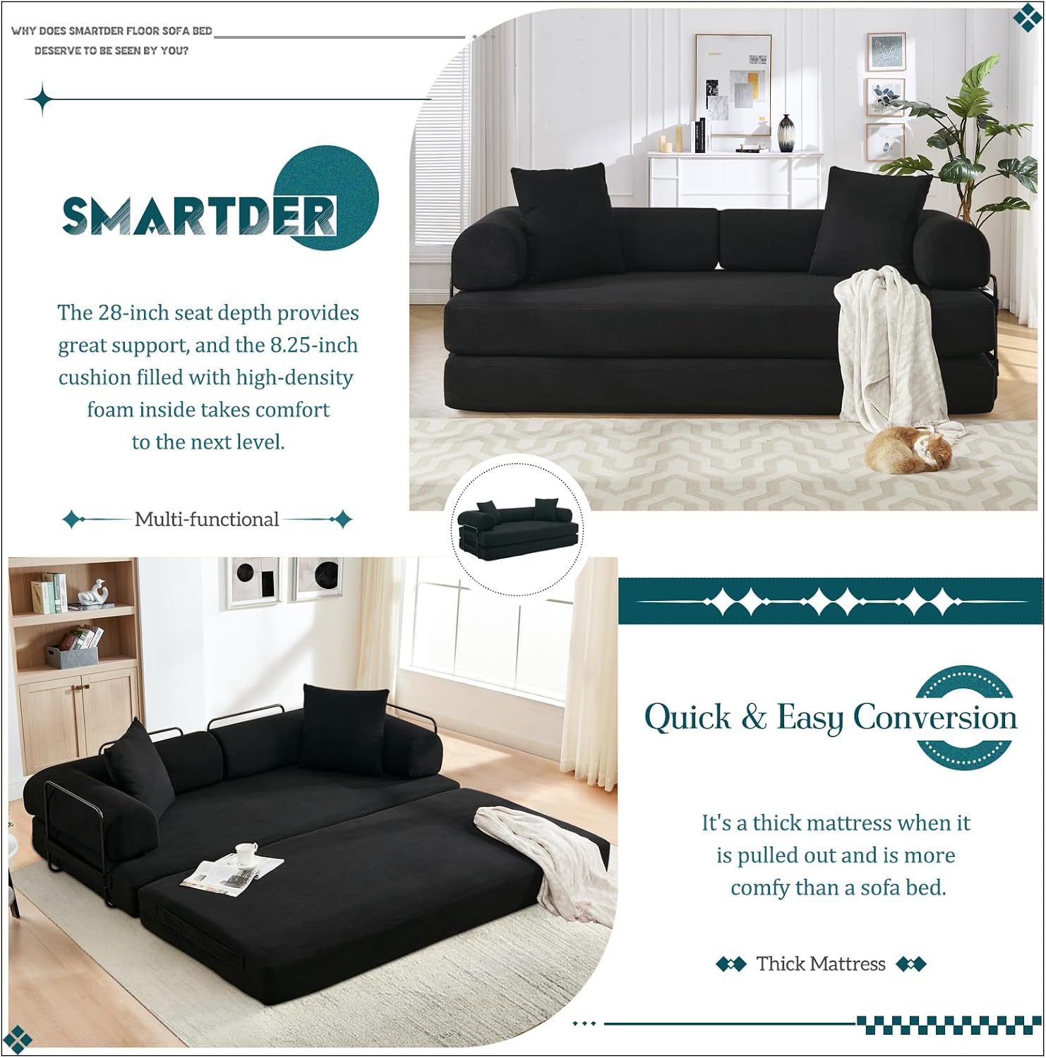 Convertible Folding Sofa Bed, Modular Floor Sofa with Removable Backrest, 3-Seater Fold Out Couch Bed with Pillows, King Size Futon Lazy Couch Corduroy Sleeper for Living Room, Dorm, Black