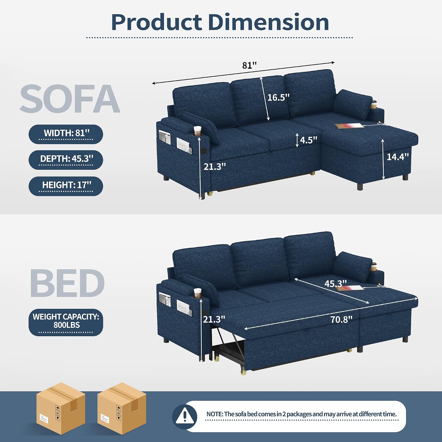 DURASPACE Sleeper Sofa Bed Pull Out Couch 2 in 1 Convertible Sofa Sleeper with Storage, L Shaped Sectional Couch Bed for Small Spaces Living Room Bedroom Apartment (Blue)