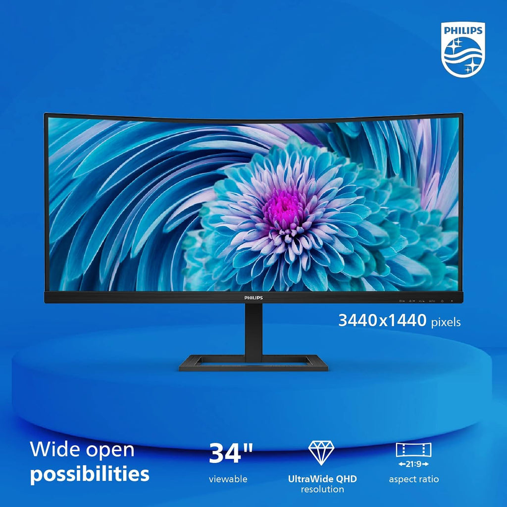 Philips 346E2CUAE 34'' Curved Frameless UltraWide QHD 3440x1440,100Hz 1ms MPRT, sRGB 121%, USB-C Charging, MultiView PIP/PBP, Height Adjustable, 4Yr Advance Replacement