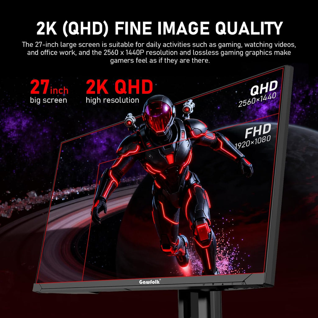 Gawfolk 27 inch 2K QHD(2560×1440) PC Screen, 180Hz Gaming Monitor, 1ms Without Bezel, FreeSync,100% sRGB, 178° Wide Viewing Angle, HDMI2.0 & DisplayPort 1.4, 75 * 75MM Wall Mount Compatible- Black