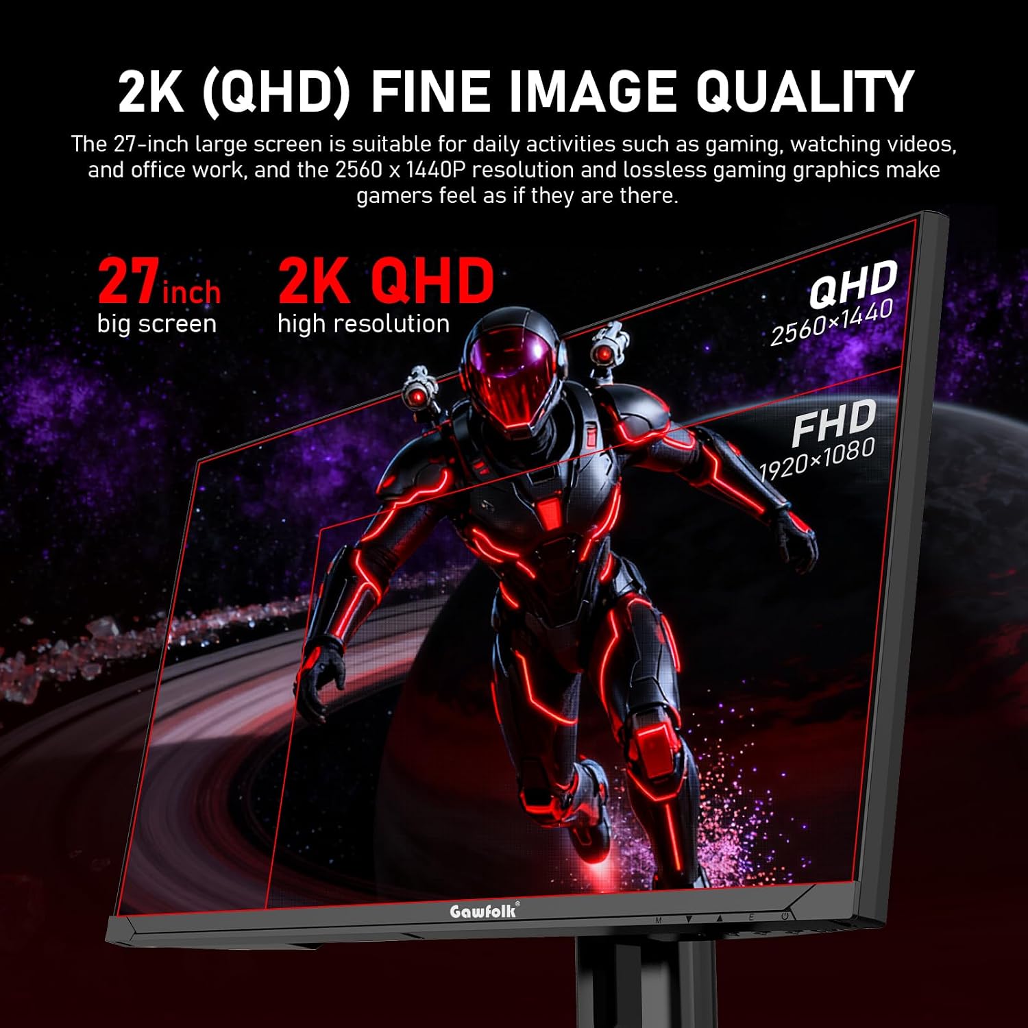 Gawfolk 27 inch 2K QHD(2560×1440) PC Screen, 180Hz Gaming Monitor, 1ms Without Bezel, FreeSync,100% sRGB, 178° Wide Viewing Angle, HDMI2.0 & DisplayPort 1.4, 75 * 75MM Wall Mount Compatible- Black