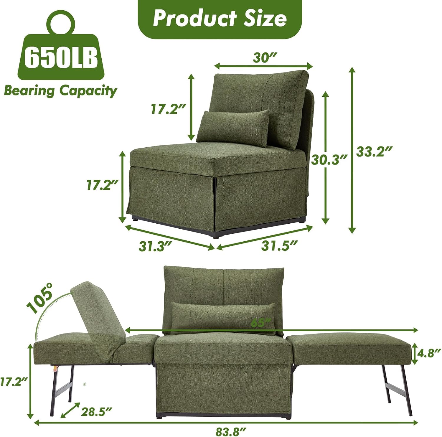 ZZW Sleeper Chair Bed Upgrade 4-in-1 to 5-in-1 Convertible Multi-fuction Sofa Chair w/Adjustable Backrest Assembly-Free Linen Folding Sofa Ottoman Bed for Living Room Apartment (Deep Green)