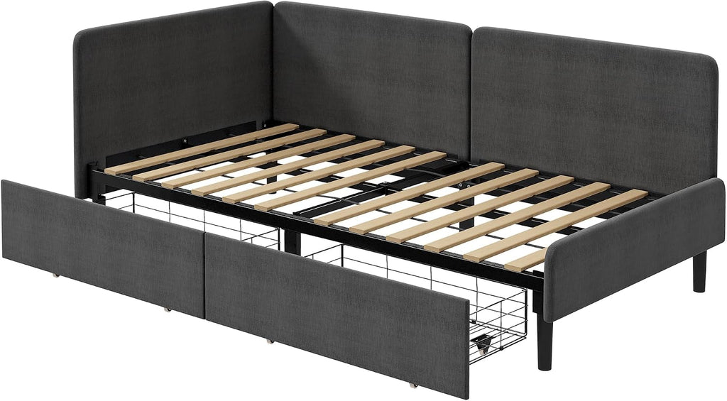 LIKIMIO Twin Daybed with Headboard, Corner Bed Frame with Storage Drawers and Bed Rails, Solid Wood Support for Small Spaces, Guest Room, Dark Gray