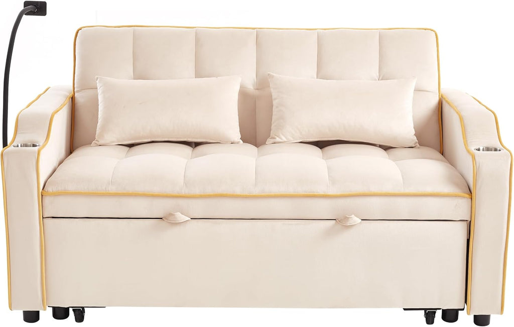 Convertible Sofa Bed, 3 in 1 Futon Sofa Bed with USB Charging Ports, Cup Holder, Phone Stand & Pocket, Modern Upholstered Sleeper Sofa for Living Room, Apartment or Small Space (Beige-L)