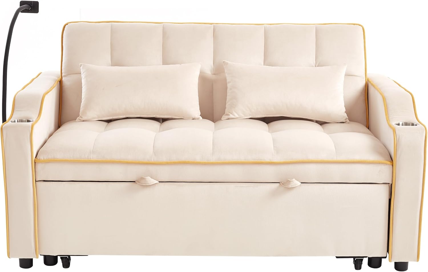 Convertible Sofa Bed, 3 in 1 Futon Sofa Bed with USB Charging Ports, Cup Holder, Phone Stand & Pocket, Modern Upholstered Sleeper Sofa for Living Room, Apartment or Small Space (Beige-L)