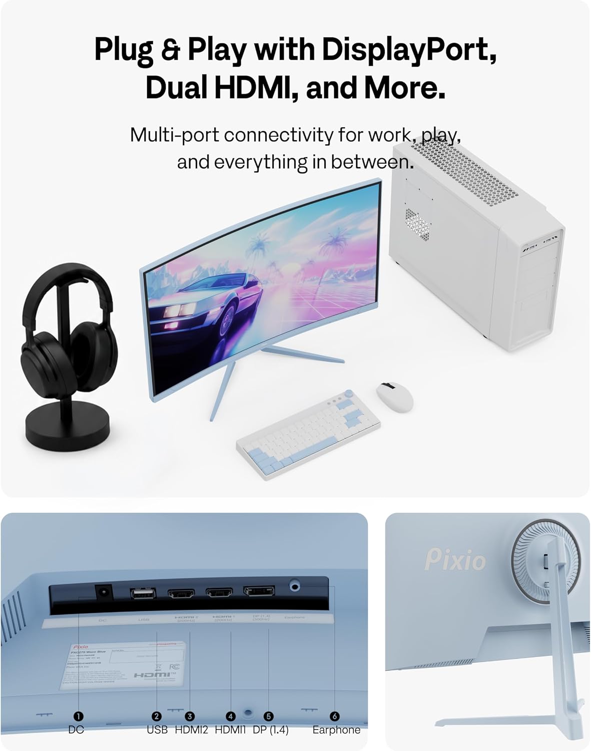 Pixio PXC279 Wave Blue 27 inch 300Hz Refresh Rate FHD 1080p Resolution 1650R Curved Fast VA Panel 1ms GTG Response Time Adaptive Sync HDR Curved Gaming Monitor
