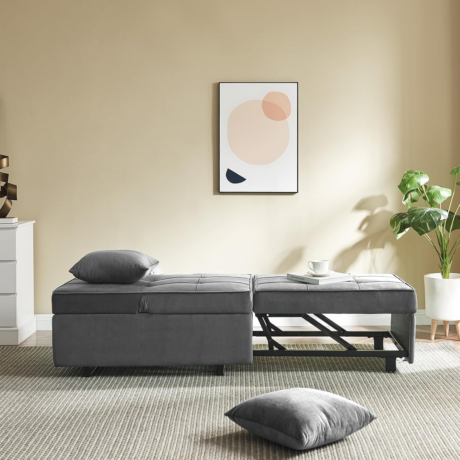 Sofa Bed 4-in-1 Convertible pull out Couch, Velvet Love seat Couch Sleeper Chair Bed with 2 Throw Pillow, Single Recliner with 5 Adjustable Backrests for Living Room Apartment Small Space, Light Grey