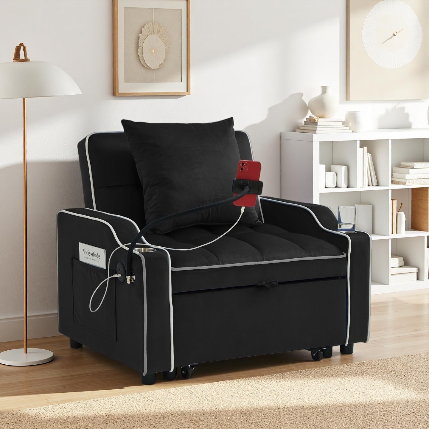 Convertible Sofa Bed, 3 in 1 Futon Sofa Bed with USB Charging Ports, Cup Holder, Phone Stand & Pocket, Modern Upholstered Sleeper Sofa for Living Room, Apartment or Small Space (Black)
