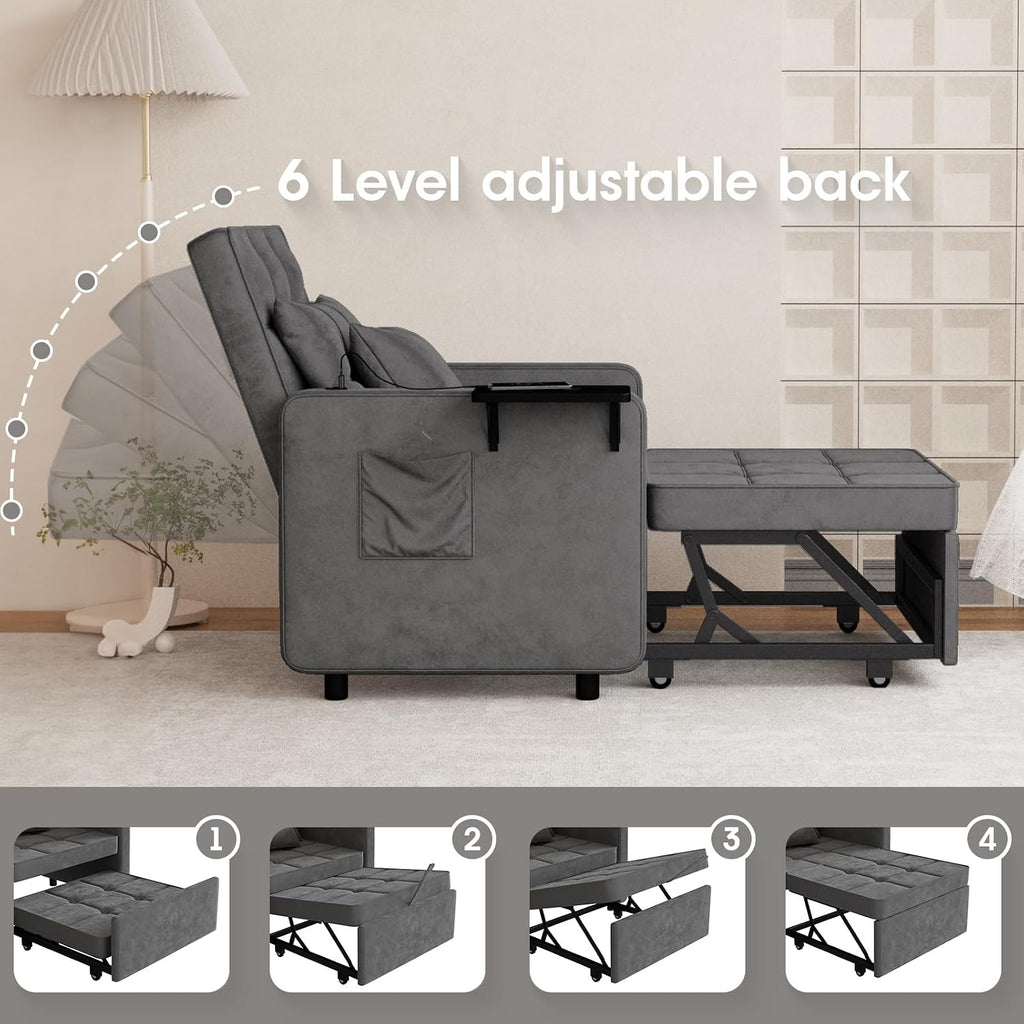 Vabches Sofa Bed Chair 3-in-1 Convertible, Sofa Bed Couches with Wing Table and USB Ports Outlet, Velvet Sleeper Chair with Adjustable Backrest and Two Pillows, Easy Assembly, Dark Grey