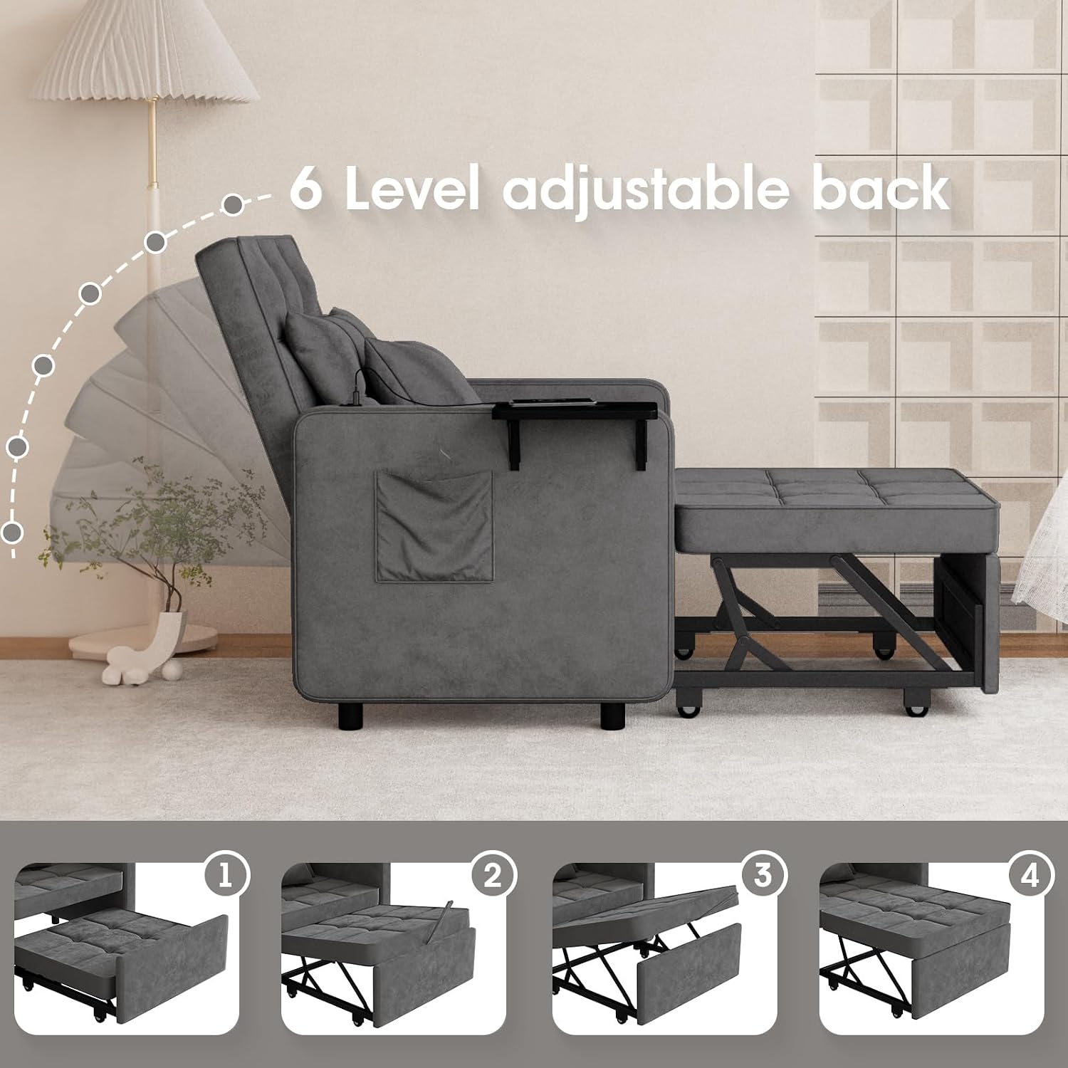 Vabches Sofa Bed Chair 3-in-1 Convertible, Sofa Bed Couches with Wing Table and USB Ports Outlet, Velvet Sleeper Chair with Adjustable Backrest and Two Pillows, Easy Assembly, Dark Grey