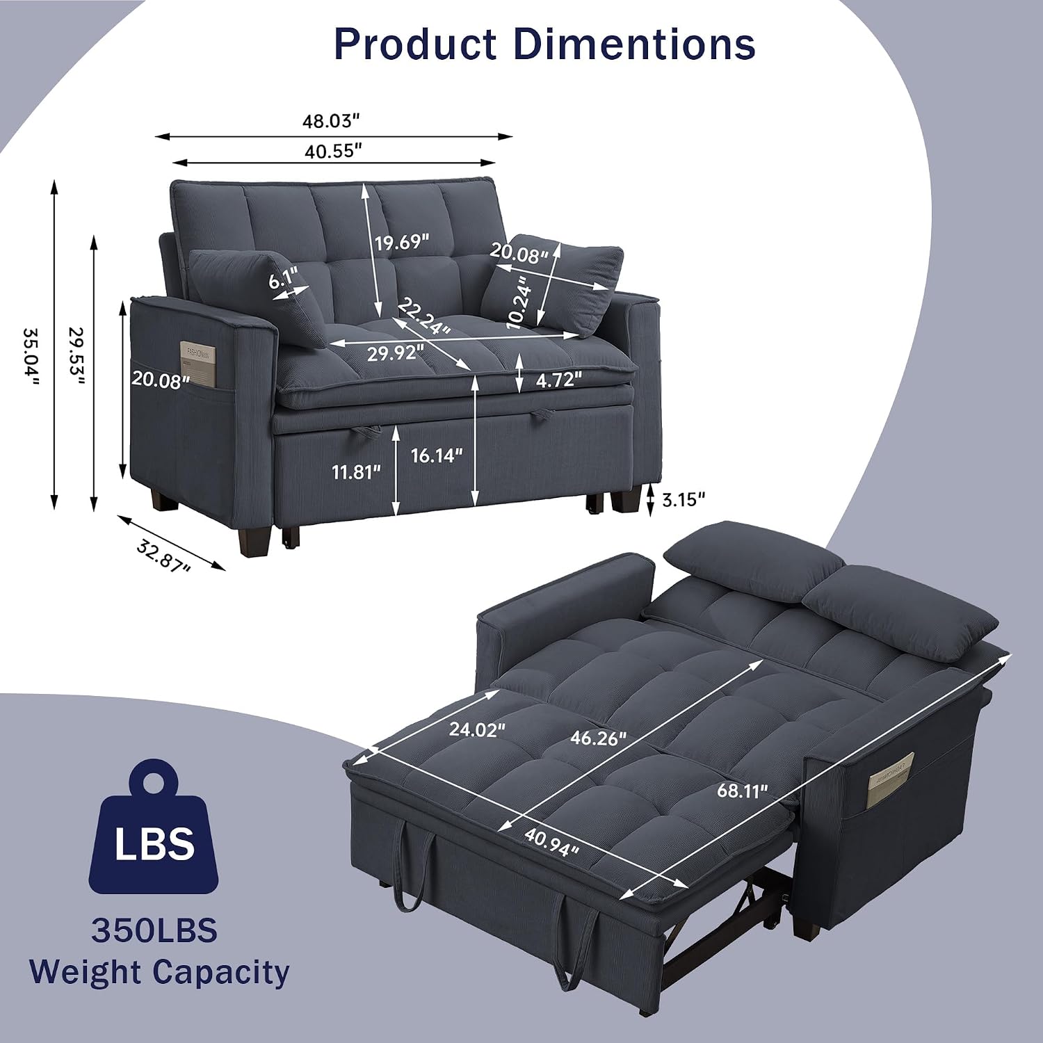 Sleeper Sofa with Pull Out Couch Bed, 48' Convertible Pull-Out Sofa Bed Chair, 3-in-1 Futon Couch with Reclining Backrest and Side Pockets for Living Room Bedroom Apartment, Dark Grey