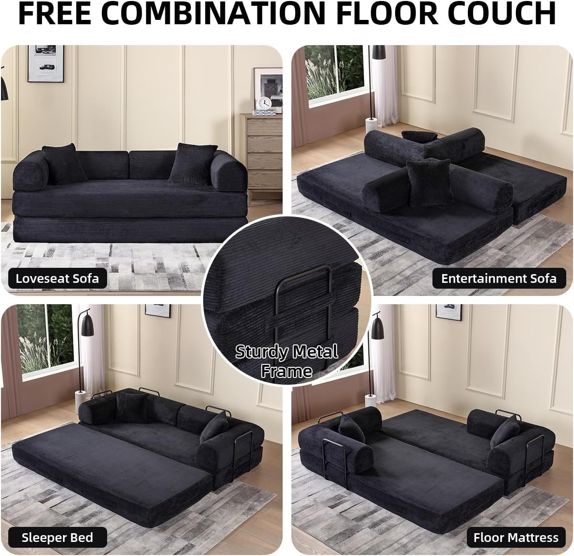 Convertible Folding Sofa Bed,Fold Out Floor Sofa Couch with Fixed-Shape Frame,Corduroy Foldable Mattress Cloud Couch for Living Room Bedroom (Black, 78 Inch)