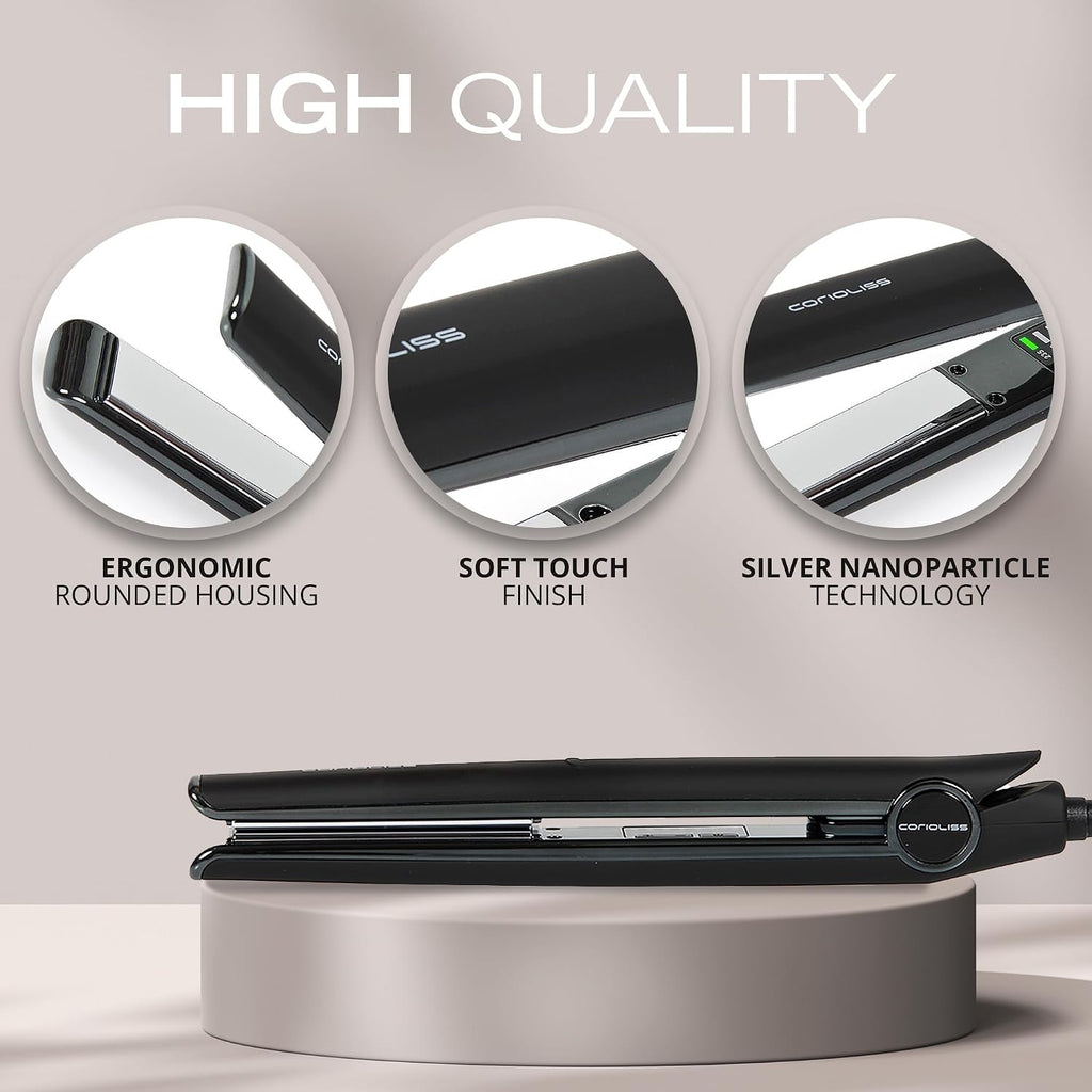 Corioliss C1 Flat Iron Hair Straightener Professional Titanium Plates Temperature Control Travel Case (Black Soft Touch Chrome)