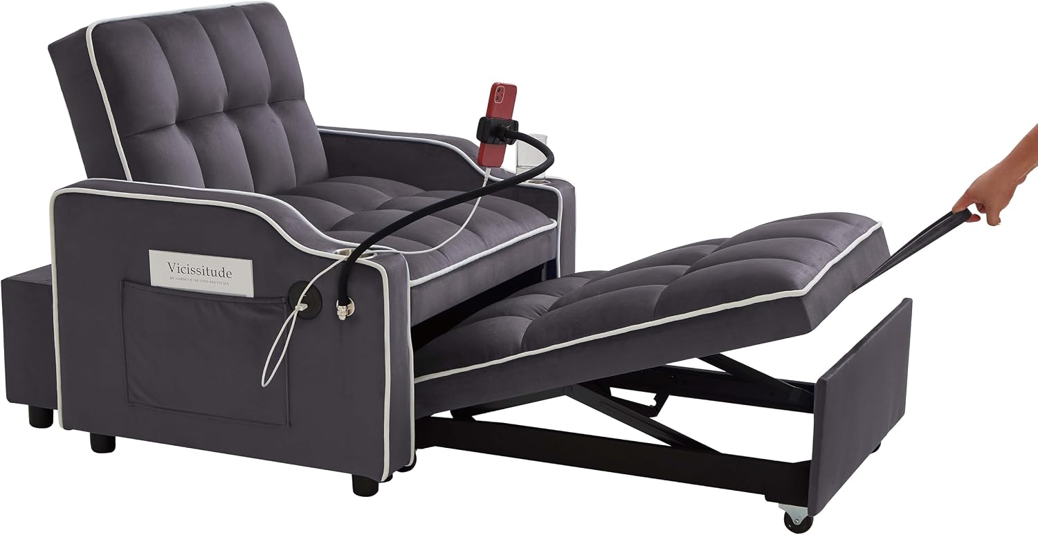 Convertible Sofa Bed, 3 in 1 Futon Sofa Bed with USB Charging Ports, Cup Holder, Phone Stand & Pocket, Modern Upholstered Sleeper Sofa for Living Room, Apartment or Small Space (Grey)
