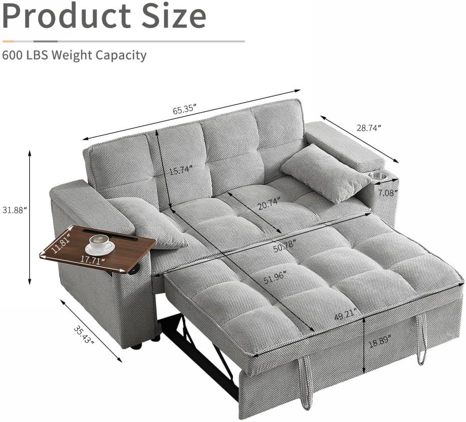 Auvsoce 65'' Convertible Sleeper Sofa Bed with Adjustable Backrest, Chaise Lounge, Side Table & USB/Type-C Ports – Stylish & Functional Addition to Any Living Room (Fashion Light Grey)