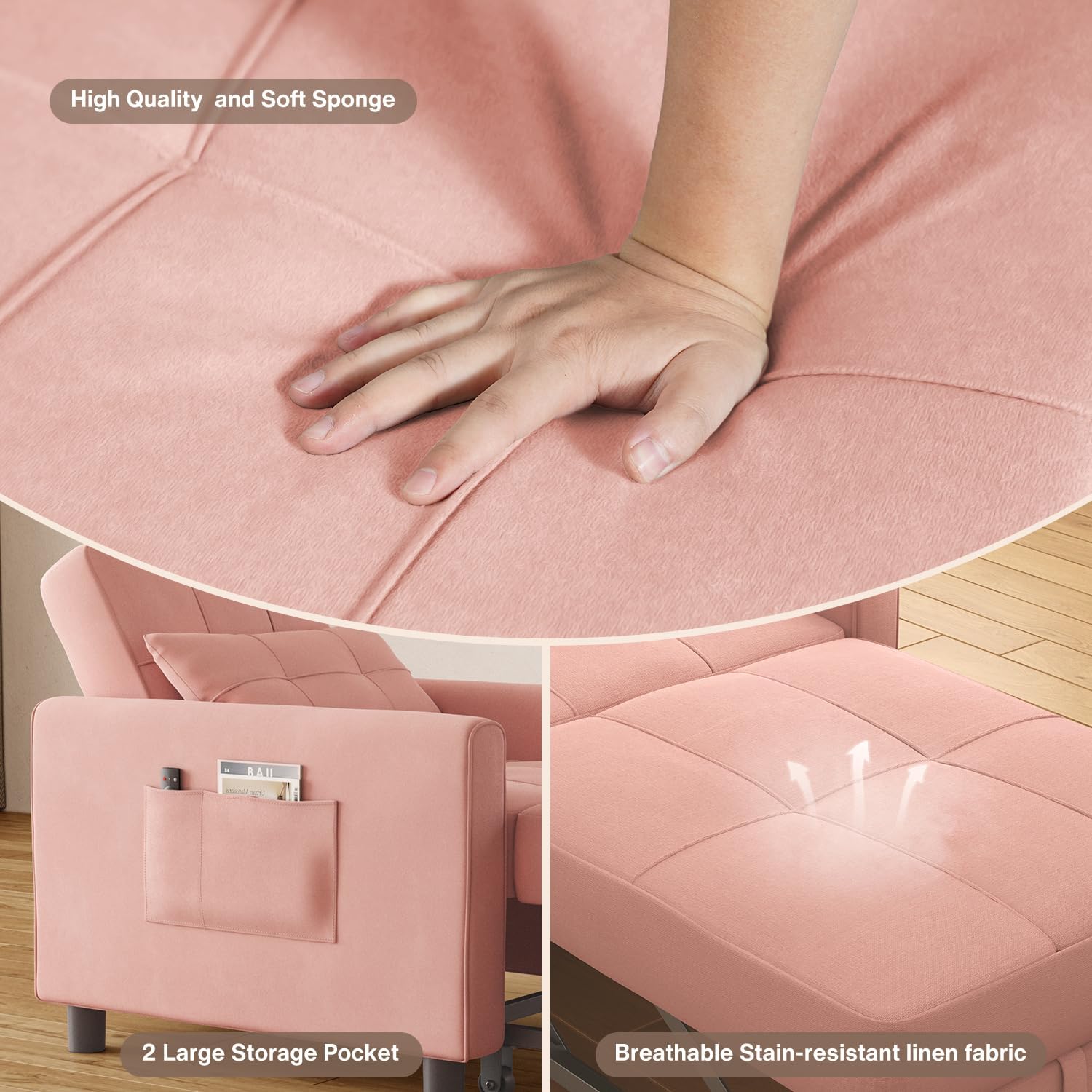 Aiho Convertible Sleeper Chair with Pillow & Pocket, 3-in-1 Sofa Bed in Modern Linen Fabric for Apartment, Pink