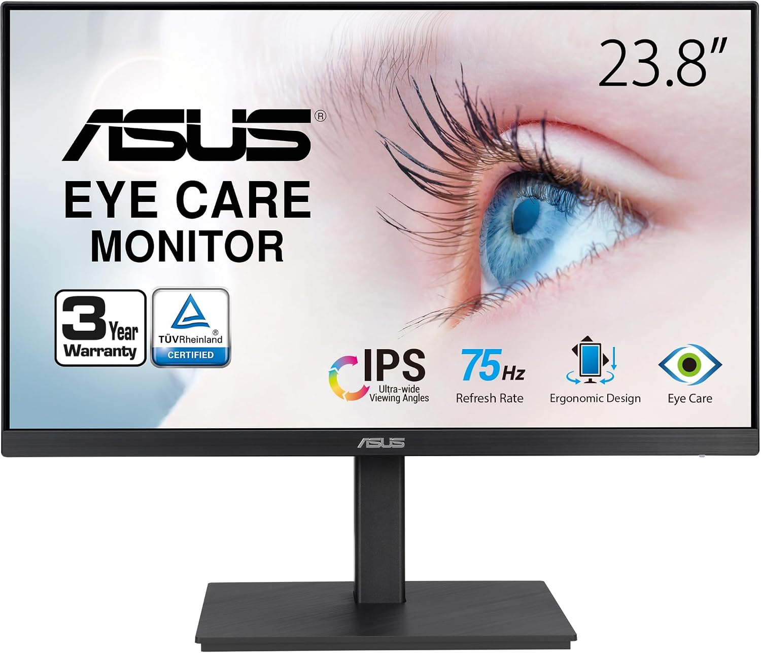 ASUS 24' 1080P Monitor (VA24EQSB) - Full HD, IPS, 75Hz, Built-in Speakers, Eye Care, Low Blue Light, Flicker Free, VESA Mountable, Height Adjustment, Frameless, DisplayPort, HDMI, VGA, USB Hub,Black