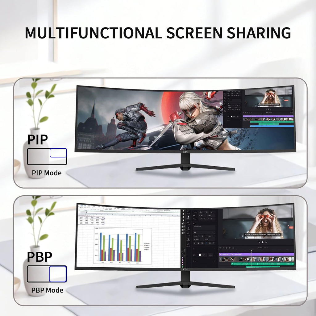 ZZA Ultrawide 49 Inch Curved Monitor 5K Large Computer Monitor 165Hz, DQHD 5120×1440 Curved 1500R AMD FreeSync 120% sRGB Height Adjustable, HDMI 2.1 & DP 1.4, VESA Mount – Black