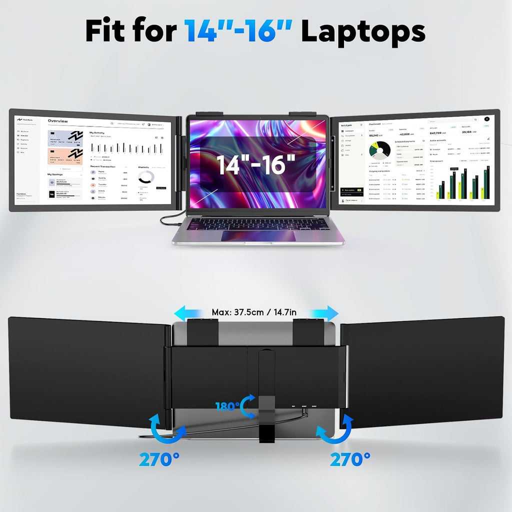 HONGO Laptop Screen Extender -Portable Monitor with Dual Screen 14' -Laptop Monitor Extender Compatible with Windows Mac for Travel Work Fits 14'-16' Laptops