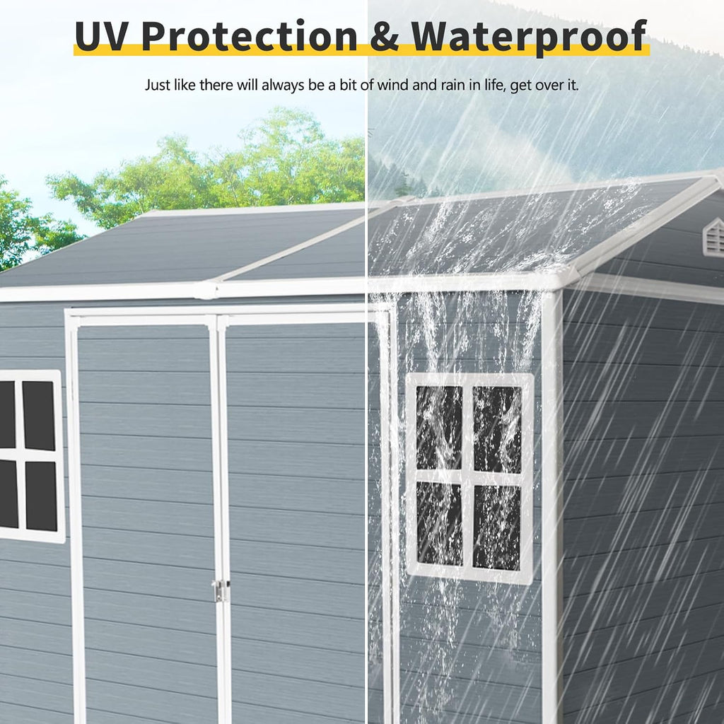 Ball & Cast 6x8 FT Resin Outdoor Storage Shed,Waterproof Garden Organizer Tool House with Floor & Two Windows,Backyard Cabinet w/Lockable Door and Ventilation,Shelter for Car,Bike,Lawnmower,Grey