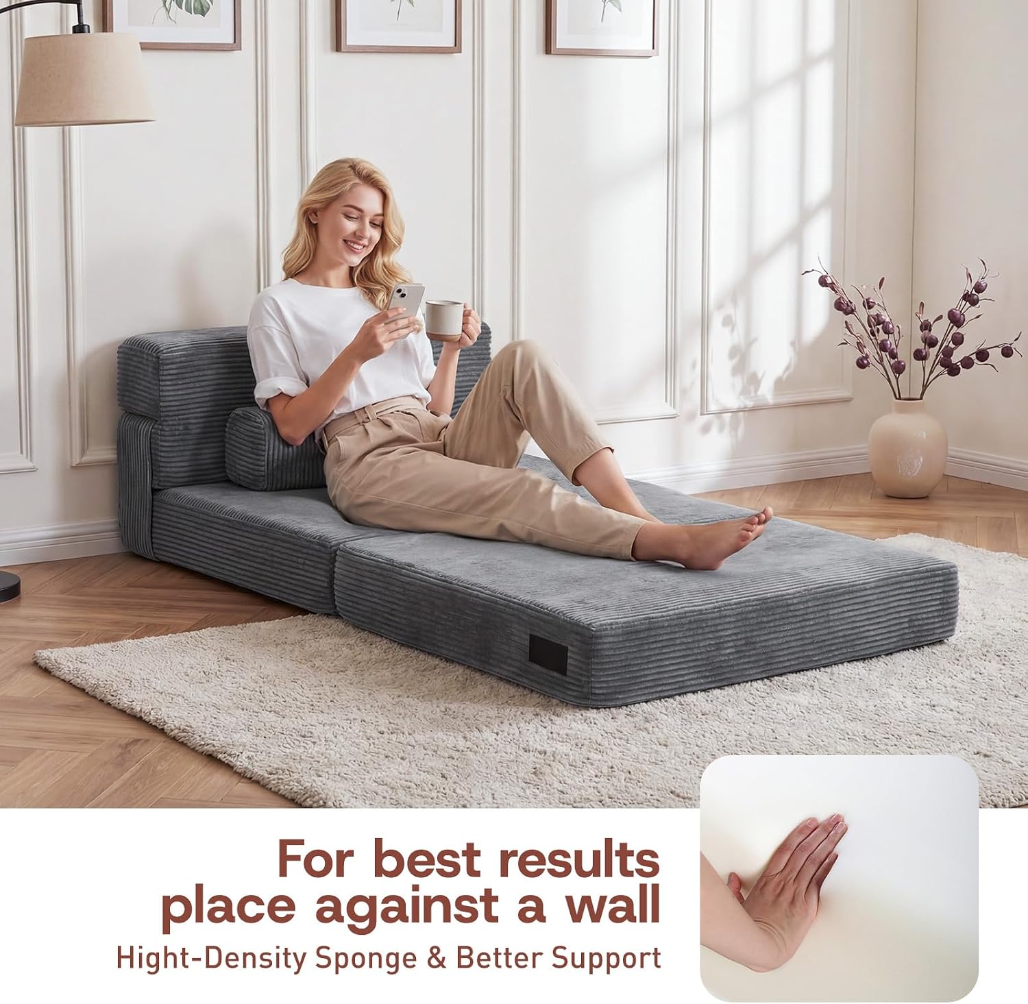 YEPDIN Folding Sofa Bed,Convertible Sofa Bed with Armrest Foldable Sleeper Chair, Portable Folding 4-in-1 Floor Sofa with Convertible Lounge Chair for Living Room,Bedroom,Washable Cover,Grey Single