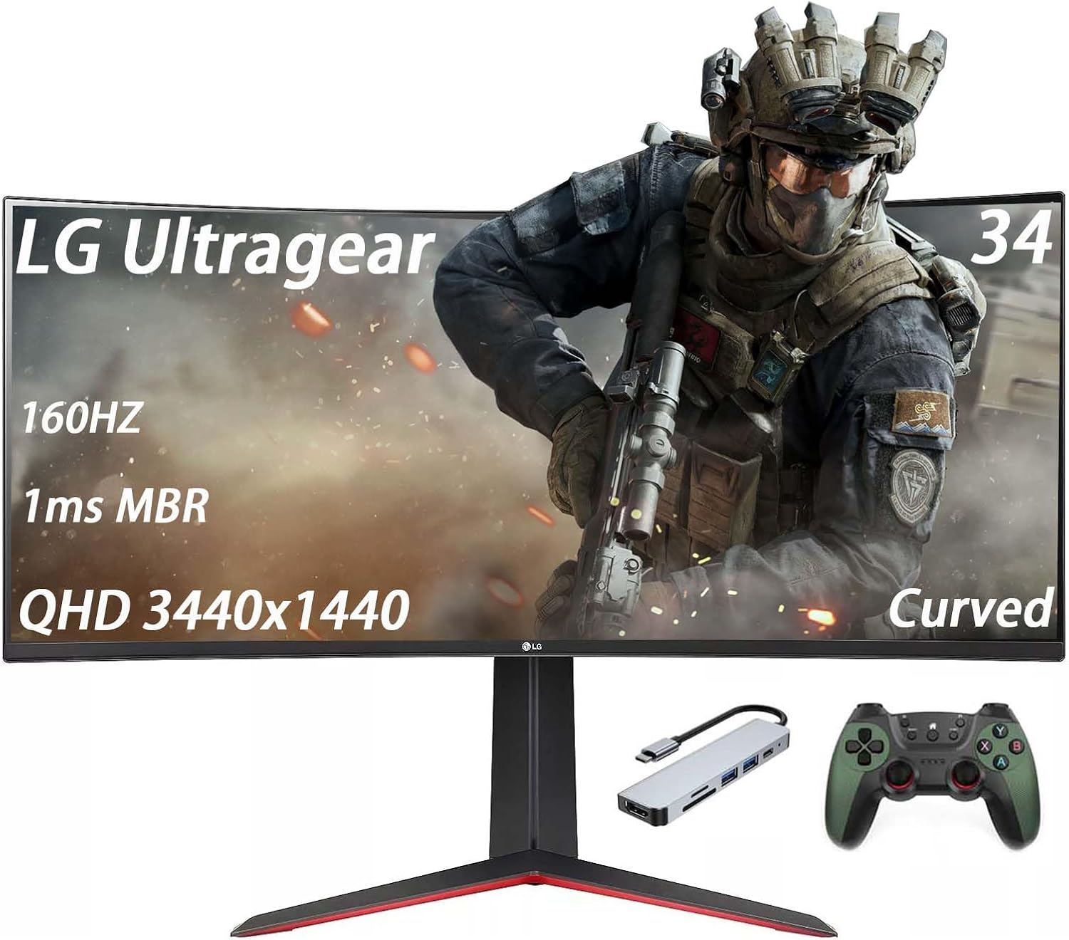 LG Ultragear 34 inch Ultrawide Curved Monitor, WQHD 3440 x 1440, 160HZ, 1ms MBR, 21:9 VA with HDR 10, AMD FreeSync Premium, Maxx Audio, Black Stabilizer, Better Aim, w/6in1 Hub and Game Controller