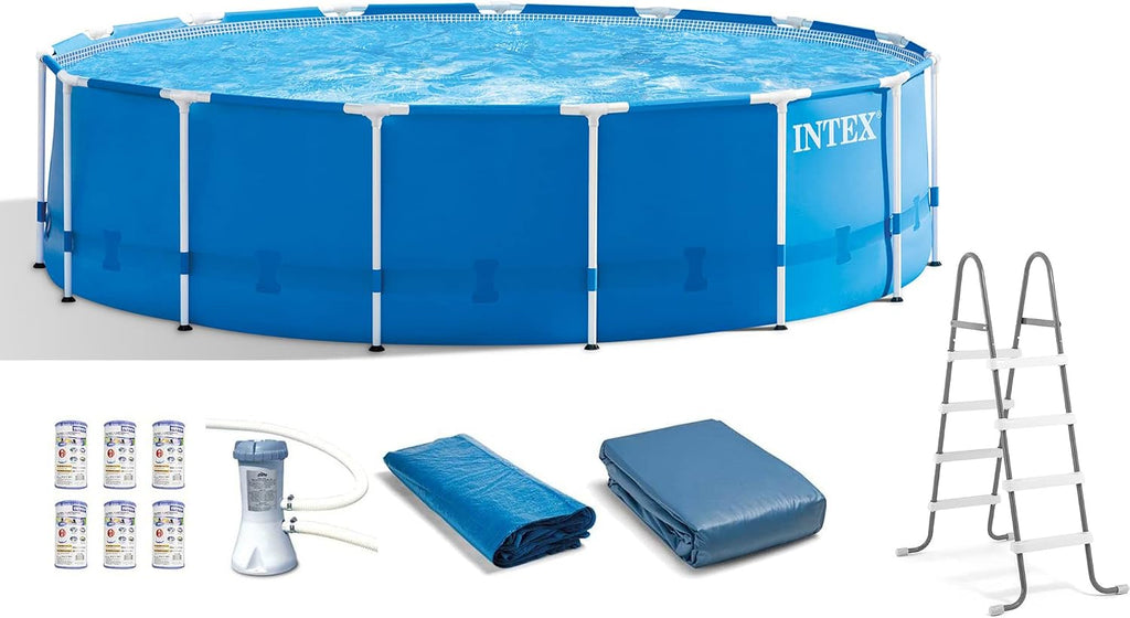 Intex Metal Frame 15' x 48' Round Above Ground Swimming Pool Set with Filter Pump, Ladder, and Cover with Maintenance Accessory Vacuum and Skimmer Kit