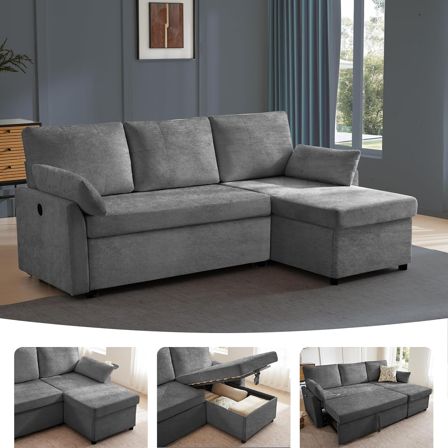 Waxberry 85' L Shaped Sectional Sofa Couch, Pull Out Couch Sleeper Sofa Bed for Living Room, Modular Chenille Deep Seat Sofa, Reversible Chaise, Storage, Side Pockets & USB/Type-C Ports, Dark Gray