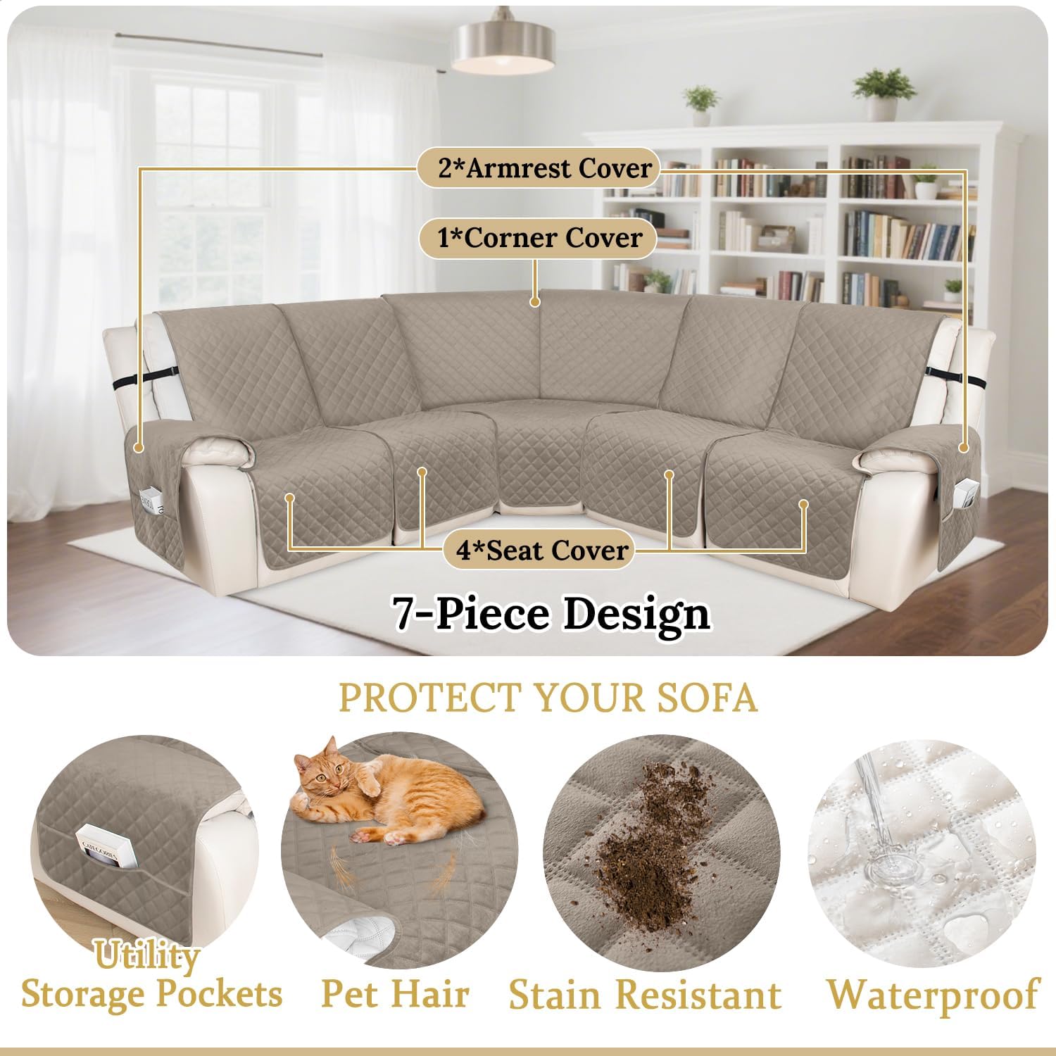 HDCAXKJ 100% Waterproof Velvet Recliner Sectional Couch Covers L Shaped Corner Reclining Sofa Cover Washable Thick Non Slip Sectional Slipcover with Pockets (5 Seat Recliner Couch, Khaki)