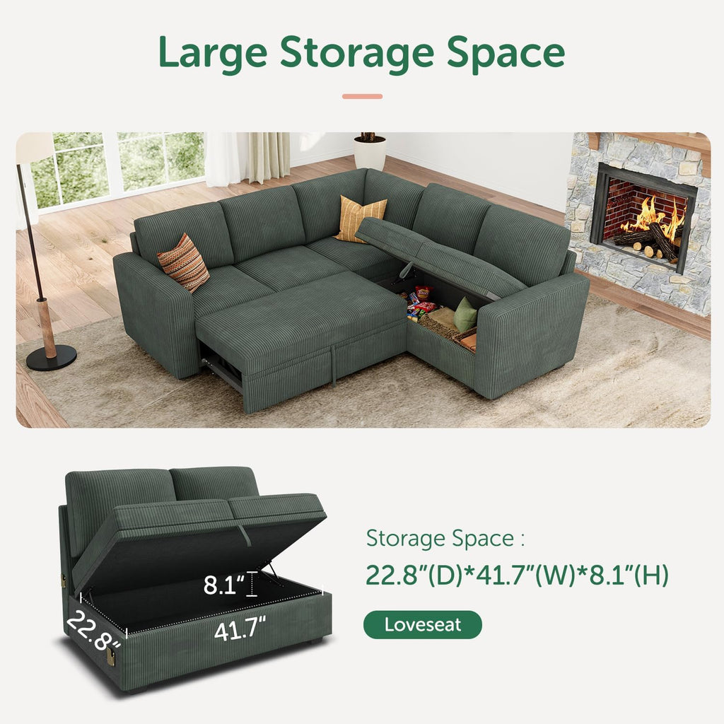 HONBAY Modular Sectional Sleeper Sofa with Pull Out Bed, Corduroy L Shaped Couch with Storage, Sectional Couches for Living Room, Green