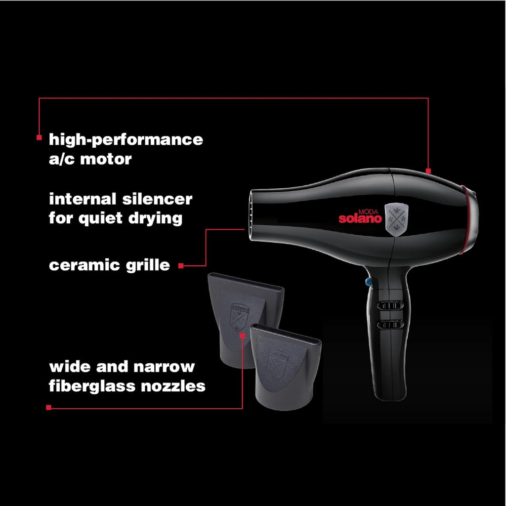 Solano Moda Fast Drying 2-Speed Ionic Hair Dryer -1750 Watt + Internal Silencer + Far Infrared Heat - Smoothing Without Sacrificing Body or Bounce - Italian-Made