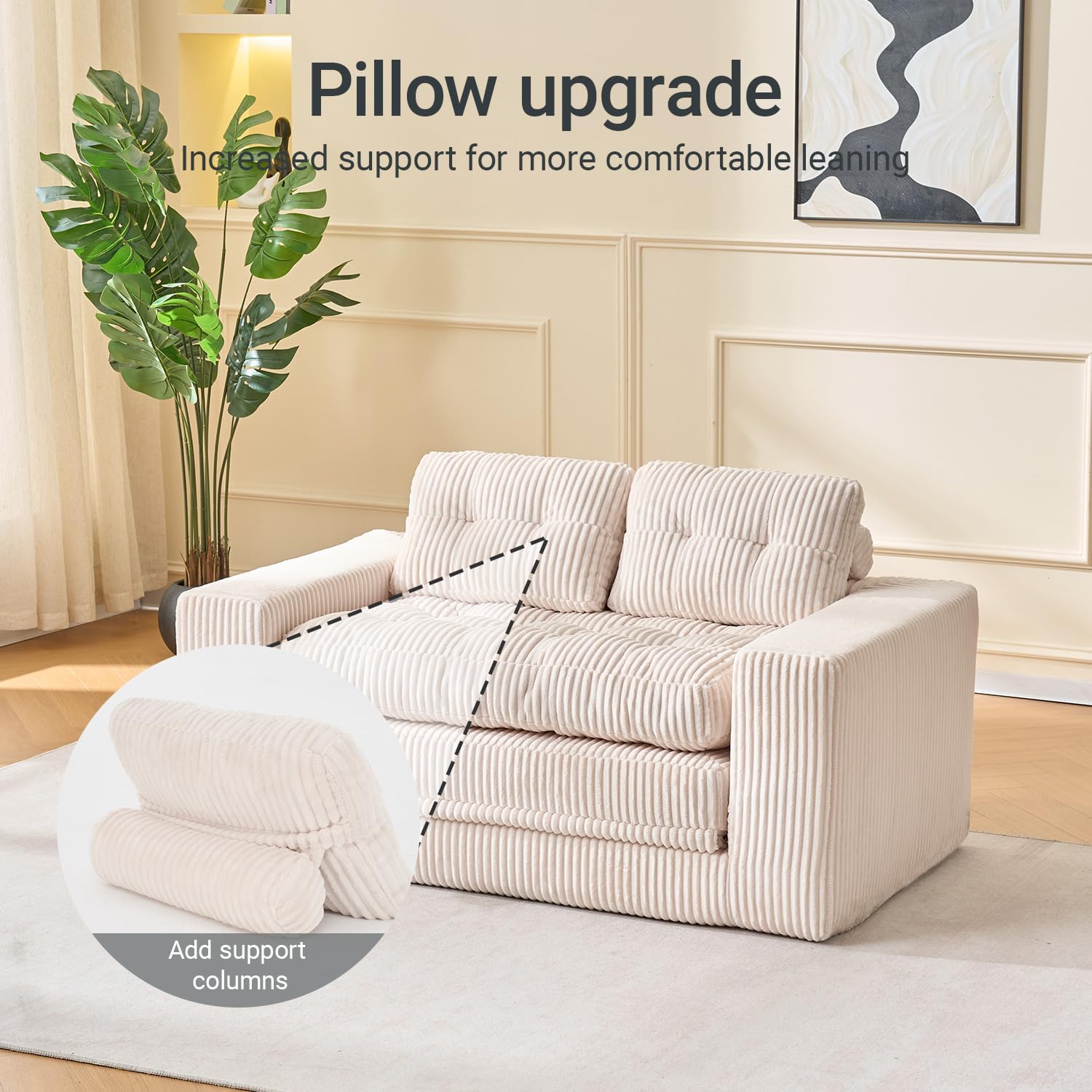 Fefances 55.1'Boneless Sofa Bed, 2-in-1 Convertible Loveseat & Folding Futon Couch, Small Space-Saving Design with Corduroy Fabric, for Living Room, Bedroom, Studio Apartment - Beige