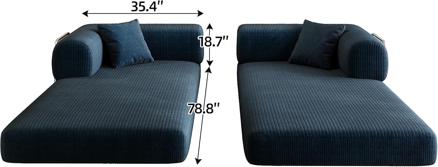 79' Convertible Sofa Bed, Corduroy Folding Pull Out Couch with Pillows, No Assembly Modern Boneless Couch Compression Sofa in Box, Floor Sofa with Support Rods for Living Room,Blue