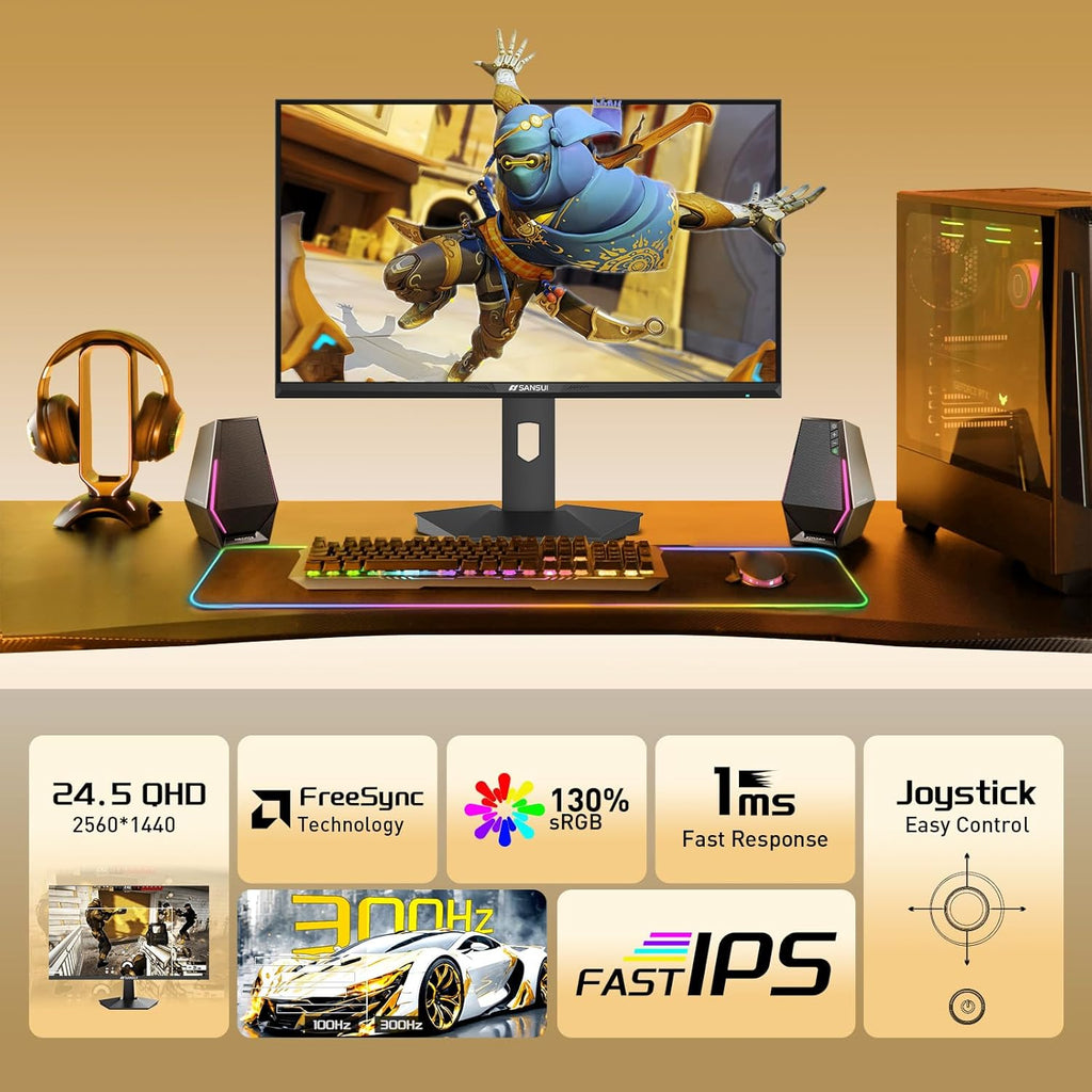 SANSUI 24.5 Inch Gaming Monitor QHD 1440P 300Hz 240Hz, 1ms Fast IPS Computer Monitor, 2× HDMI 2.1 Up to 300Hz, 2× DP 1.4 Up to 300Hz, 130% sRGB Eye Care VESA Support (DP Cable Included ES-G25F6Q Pro)