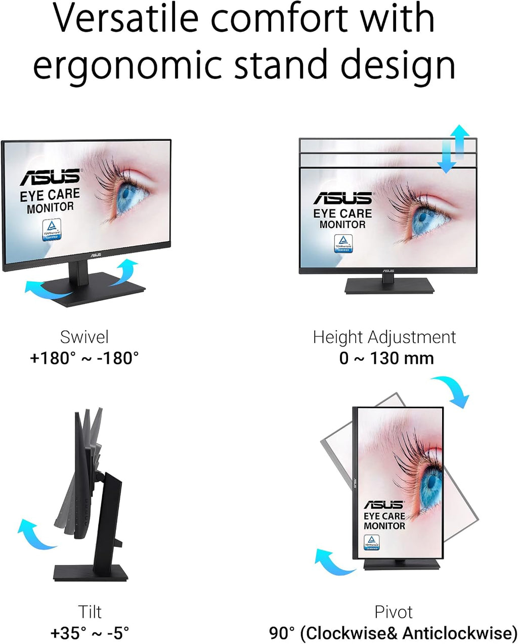 ASUS 24' 1080P Monitor (VA24EQSB) - Full HD, IPS, 75Hz, Built-in Speakers, Eye Care, Low Blue Light, Flicker Free, VESA Mountable, Height Adjustment, Frameless, DisplayPort, HDMI, VGA, USB Hub,Black