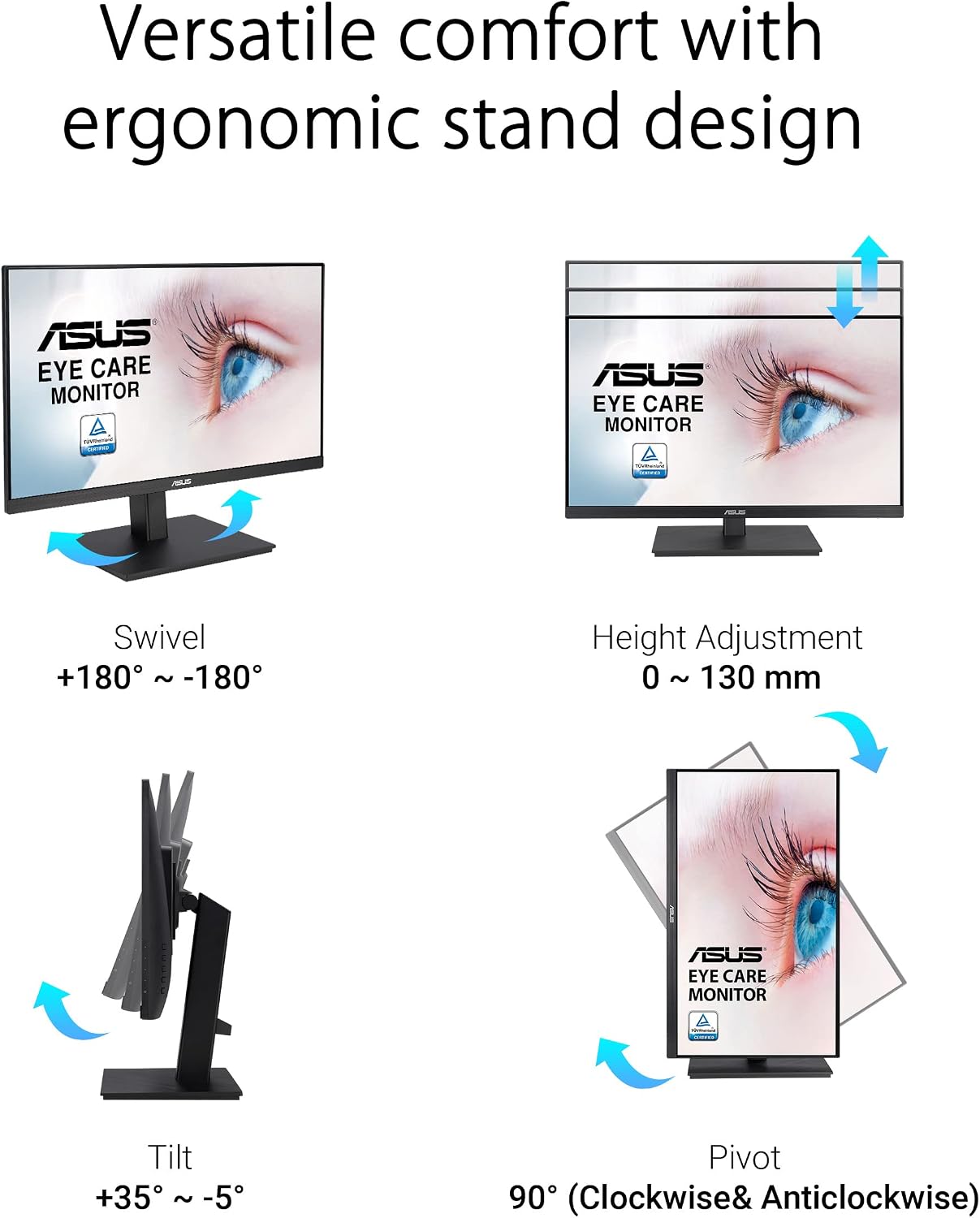 ASUS 24' 1080P Monitor (VA24EQSB) - Full HD, IPS, 75Hz, Built-in Speakers, Eye Care, Low Blue Light, Flicker Free, VESA Mountable, Height Adjustment, Frameless, DisplayPort, HDMI, VGA, USB Hub,Black