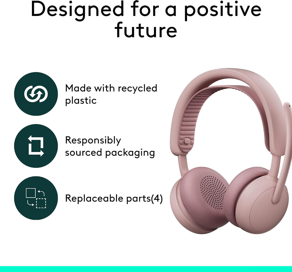 Logitech Zone Wireless 2 ES for Business - Noise-Canceling Wireless Headset with Adaptive Hybrid ANC, Bluetooth, USB-C & USB-A, Microsoft Teams Certified - Rose