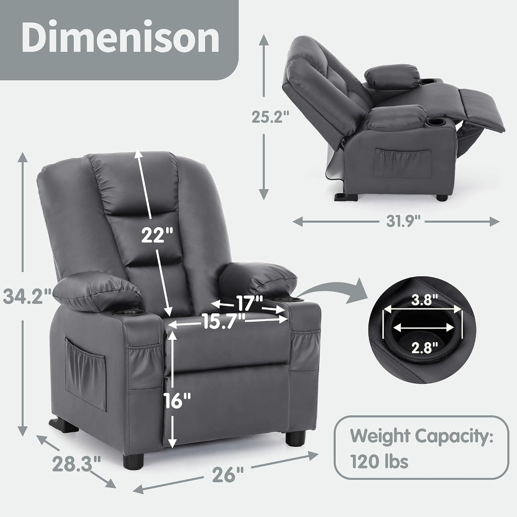 MCombo Big Kids Recliner for Ages 3+, Child Reclining Chair, Toddlers Recliner Sofa with Cup Holders, Faux Leather, 7322(Dark Grey)