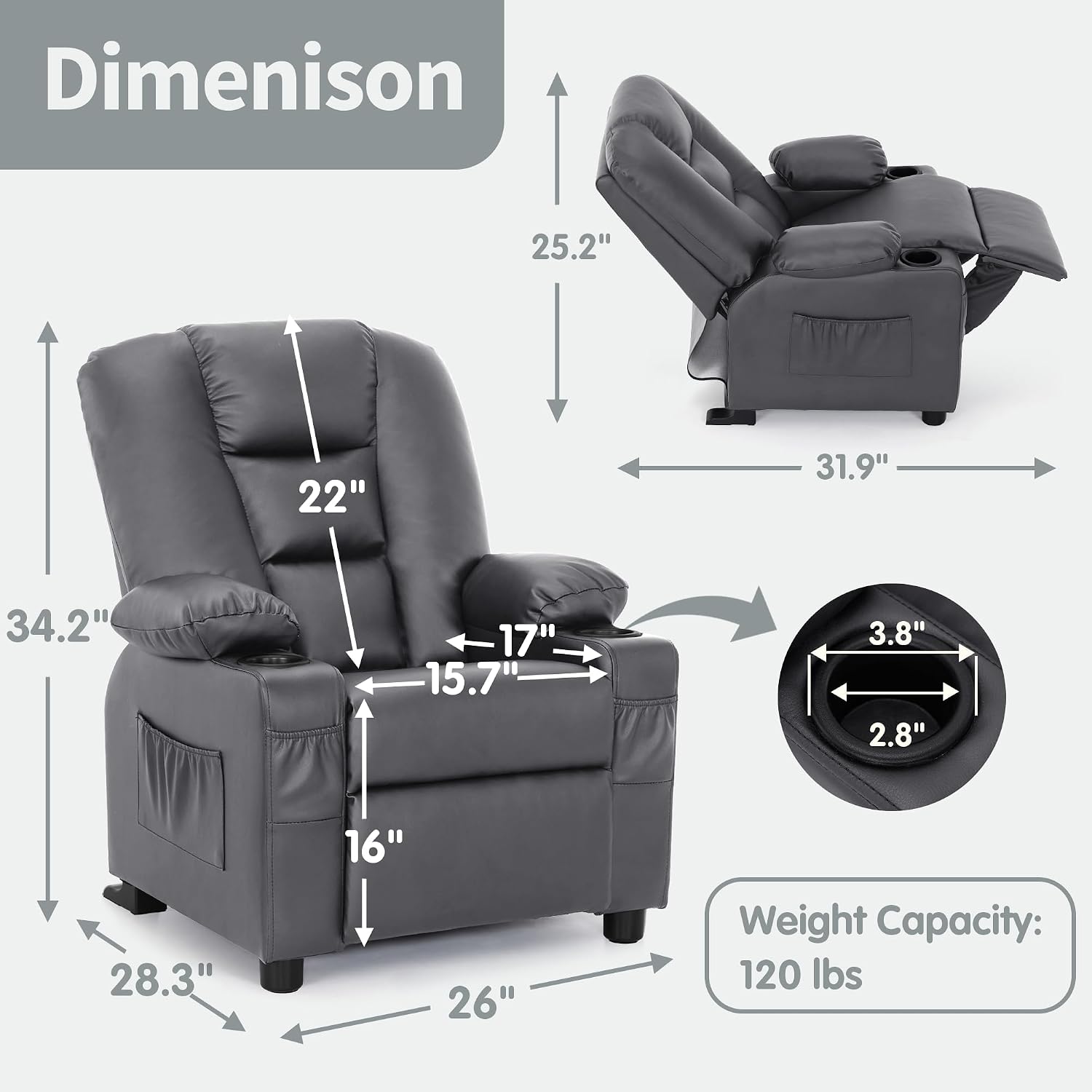 MCombo Big Kids Recliner for Ages 3+, Child Reclining Chair, Toddlers Recliner Sofa with Cup Holders, Faux Leather, 7322(Dark Grey)
