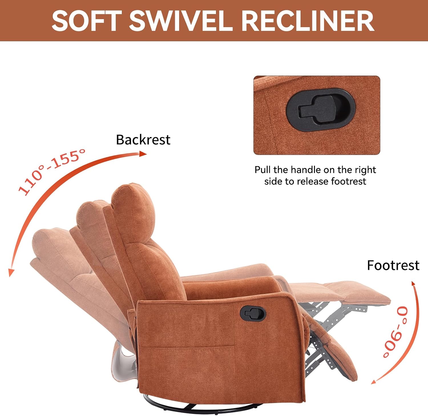 Massage Chair Recliner with Heat, 360° Swivel Glider Rocker with Reclining Backrest and Footrest, Manual Lazy Boy Recliners for Adults, Modern Nursery Rocking Chairs (Orange)