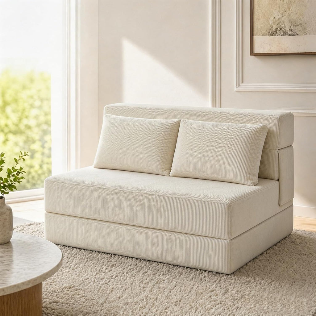 Folding Sofa Bed,Convertible Sleeper Chair with Pillow, Loveseat Fold Out Chair Bed, Memory Foam Floor Couch Mattress, Foldable Futon Couch Lounge for Living Room (Beige-Corduroy, Twin XL)