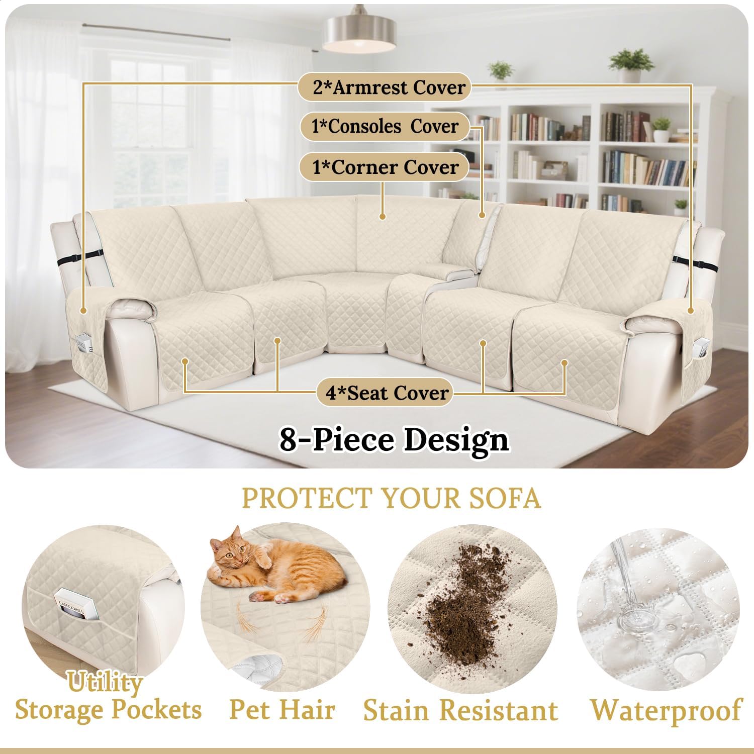 HDCAXKJ 100% Waterproof Velvet Recliner Sectional Couch Covers L Shaped Corner Reclining Sofa Cover Washable Thick Non Slip Sectional Slipcover with Pockets (5 Seat and 1 Middle Console, Beige)