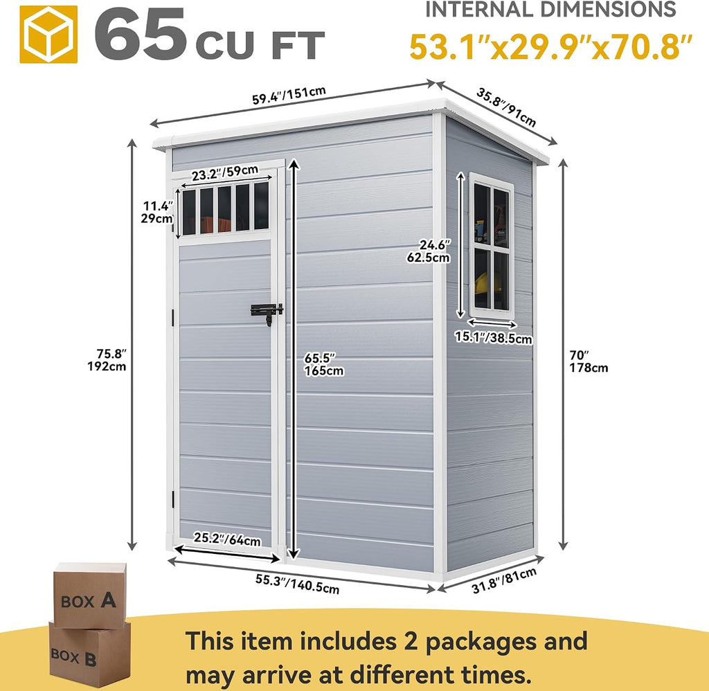 DWVO Outdoor Storage Shed, All-Weather Resin Plastic Storage Shed with Windows, Slanted Roof, Raised Floor, Capacity for Garden Tools & Equipment, Ideal for Backyard & Garden