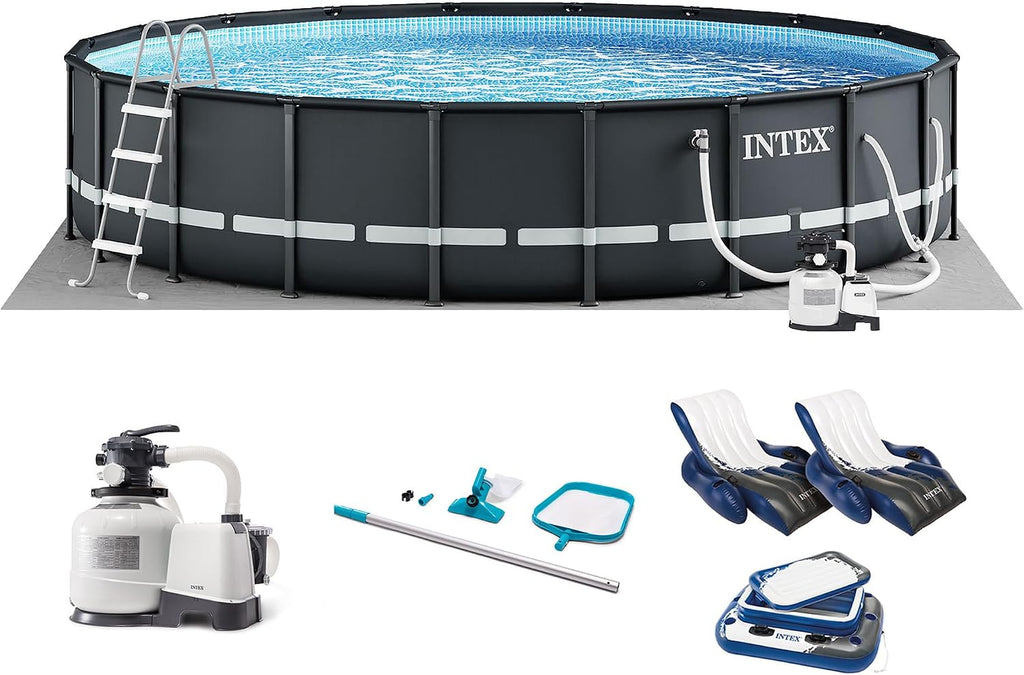 INTEX 26345VM Ultra XTR 26ft x 52in Above Ground Swimming Pool Set with Sand Filter Pump, Inflatable Lounge Pool Recliners (2-Pack) and Inflatable Beverage Cooler