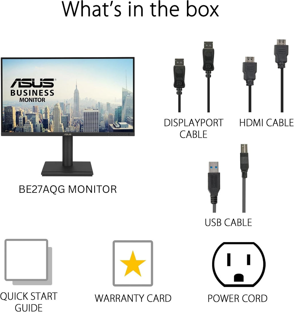 ASUS 27' 1440P Business Monitor (BE27AQG) - QHD (2560x1440), IPS, 120Hz, Ergonomic Design, Speakers, Height Adjustable, Power Sync, Eye Care, VESA Wall Mountable, 3 yr Warranty TAA Compliant
