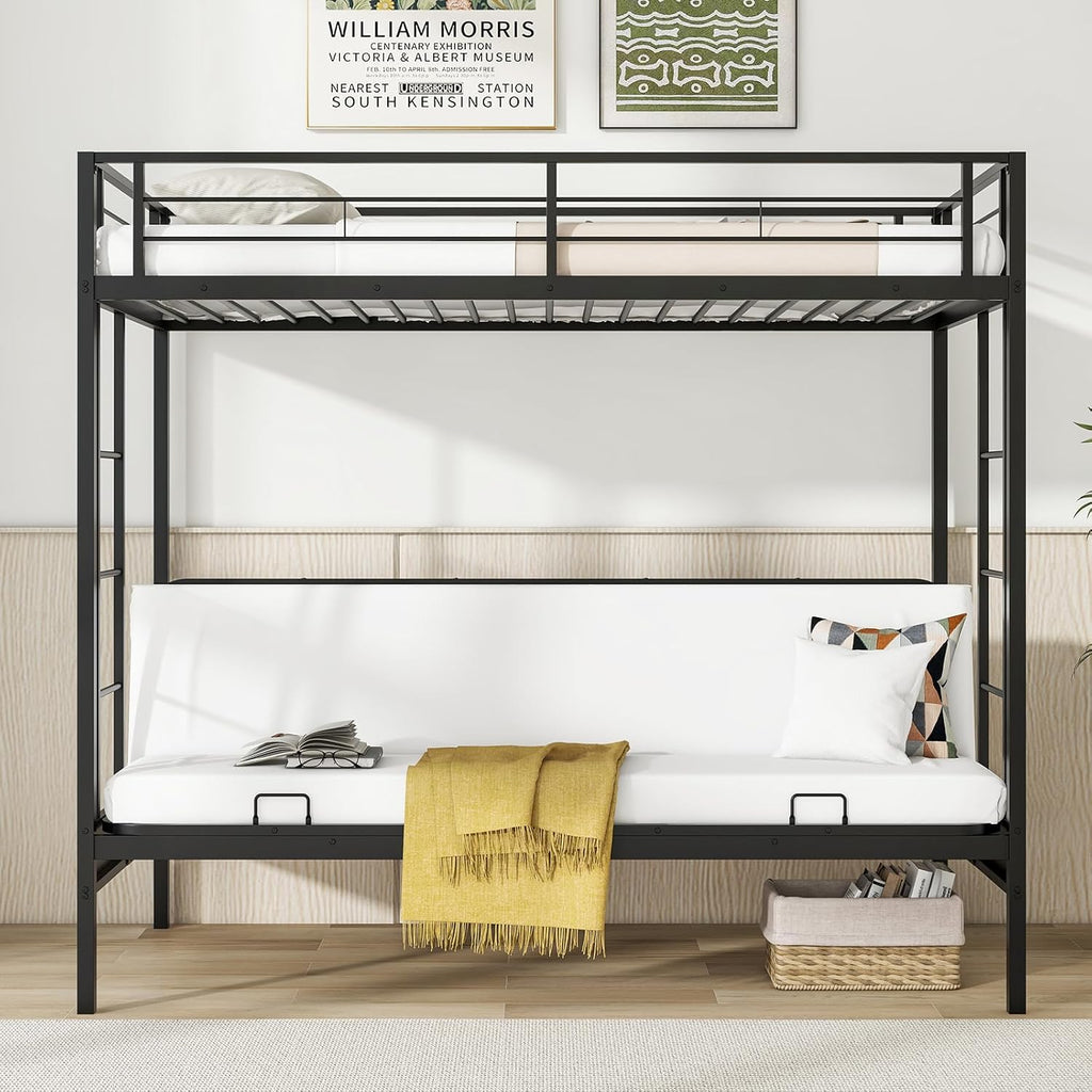 Giantex Twin Over Twin Futon Bunk Bed, Convertible Metal Bunk Bed with Futon Frame, 2 Ladders & Safety Guardrails, Heavy Duty Sofa Couch Beds with Under-Bed Space, for Kids, Teens, Adults, Black