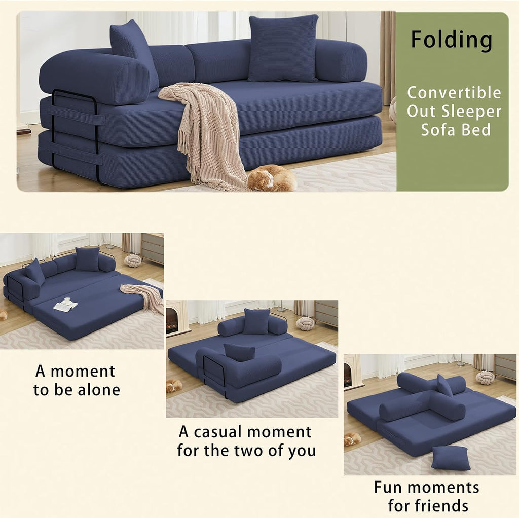 Convertible Folding Sofa Bed, Modular Floor Sofa with Removable Backrest, 3-Seater Fold Out Couch Bed with Pillows, King Size Futon Lazy Couch Corduroy Sleeper for Living Room, Dorm, Dark Blue