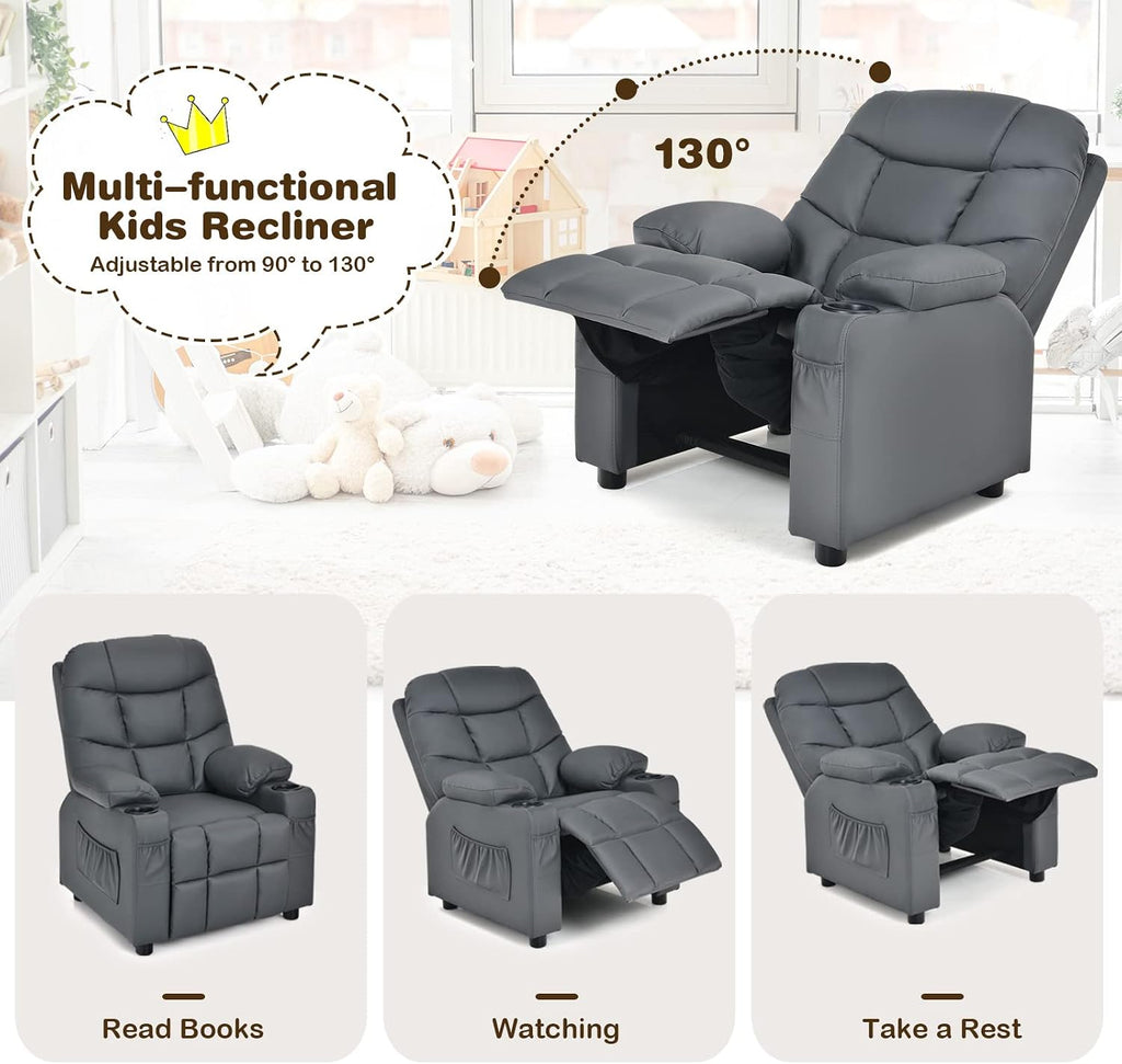 GLACER Kids Recliner Chair w/Cup Holder & Side Pockets, Children Recliner w/Comfortable Backrest, Armrests & Footrest, Toddler PU Leather Recliner for Boys Girls, 3+ Age Group (Grey)
