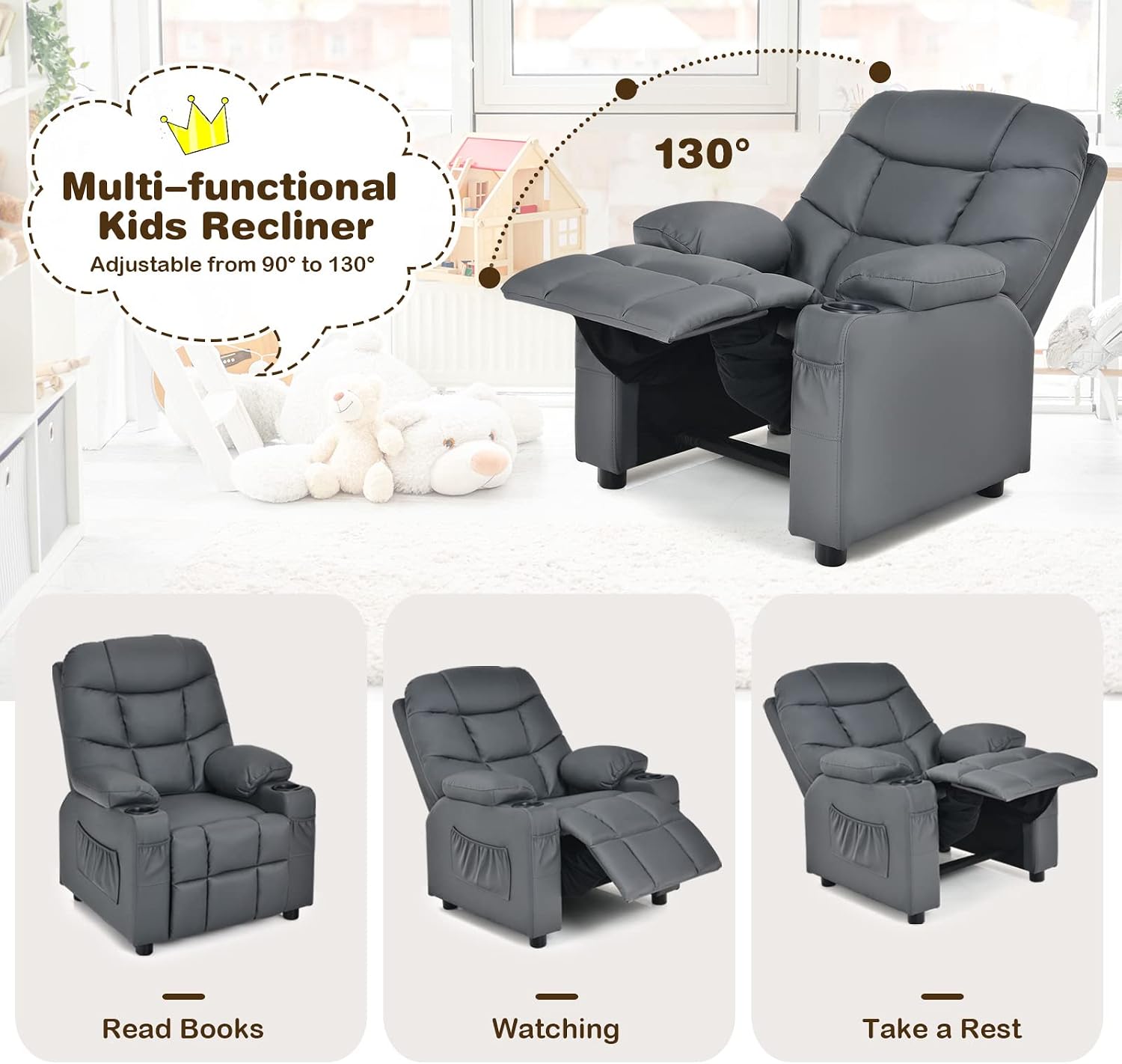 GLACER Kids Recliner Chair w/Cup Holder & Side Pockets, Children Recliner w/Comfortable Backrest, Armrests & Footrest, Toddler PU Leather Recliner for Boys Girls, 3+ Age Group (Grey)