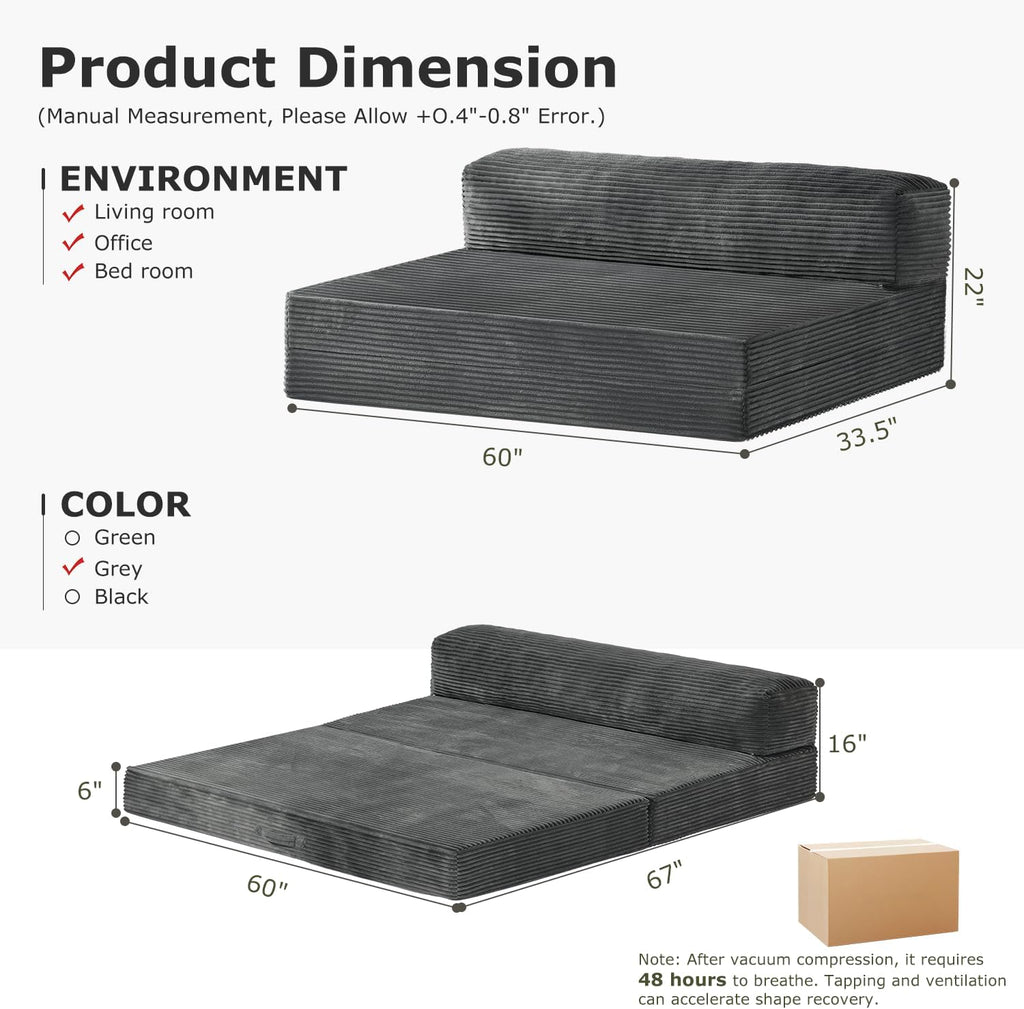 6-inch Convertible Sofa Bed, Floor Bed & Sleeping Couch with Removable Corduroy Cover & Carry Handles, High-Density Foam (Grey, Queen)